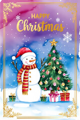 Merry Christmas Card, Christmas Card Cover, Snow man and Christmas tree design, Artwork 