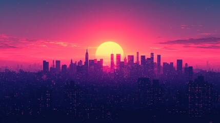 Silhouette of city skyline at sunset.