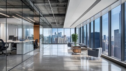 Modern office with city view and sleek design.