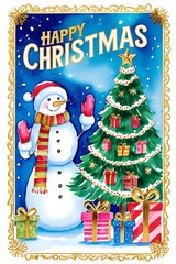 Merry Christmas Card, Christmas Card Cover, Snow man and Christmas tree design, Artwork 