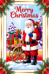 Merry Christmas Card with Santa Claus and Gifts, Greeting card design, colorful artwork, December season