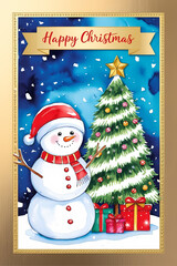 Merry Christmas Card, Christmas Card Cover, Snow man and Christmas tree design, Artwork 