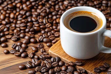 Fototapeta premium Cups of freshly brewed coffee on a wooden table, surrounded by roasted beans