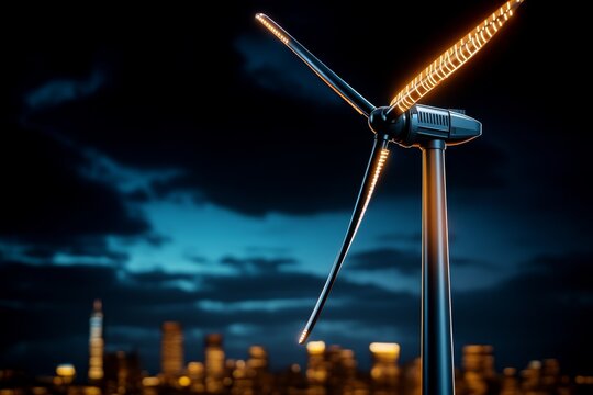 Cyberpunk windmill with LED blades, glowing against a dark city skyline