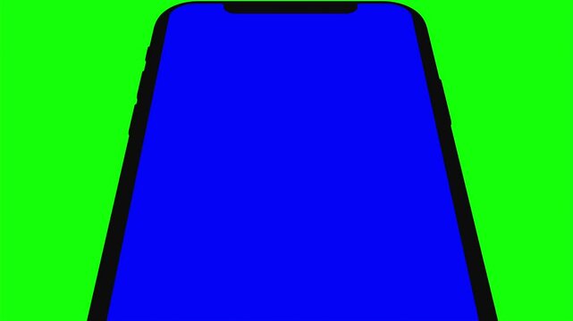 Black smartphone turns on on green background. Easy customizable blue screen. Computer generated image.