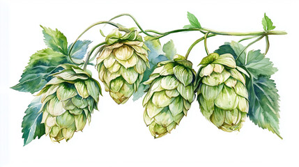 watercolor illustration of green hop cones and leaves isolated on white background	