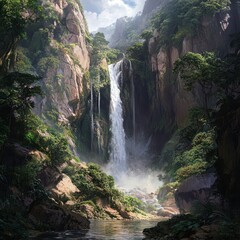 Tranquil waterfall cascading through a lush green canyon.