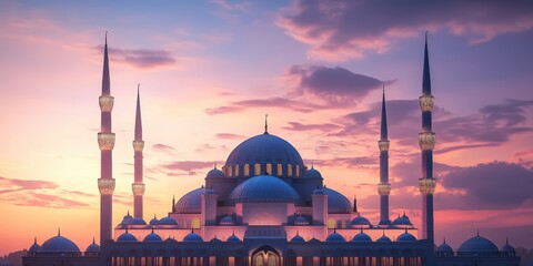 Obraz premium A mosque with multiple domes against a colorful sky.