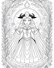 A black and white illustration of a woman in a white dress with a bird on her head.