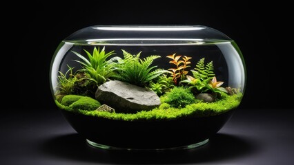 A vibrant mini terrarium featuring succulents and moss, set against a black background. Black expanding foam vivarium background
