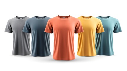 Five V-Neck T-Shirts in Assorted Colors on Mannequins on transparent background