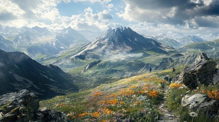 Two hikers on mountain path with wildflower meadows.