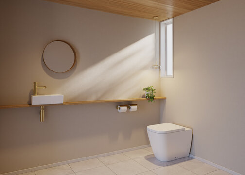 スリットFIX窓からの自然光が心地よいトイレデザイン　木と真鍮がお洒落な北欧ナチュラルテイストのインテリア