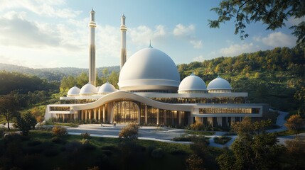 Obraz premium Modern mosque with white domes in a green landscape.