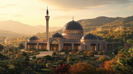 Fototapeta premium A mosque with a minaret in a forest setting.