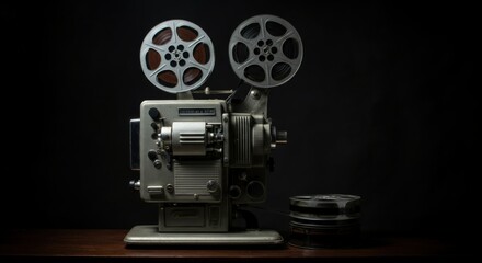 Naklejka premium Vintage Film Projector with Reels on Wooden Surface