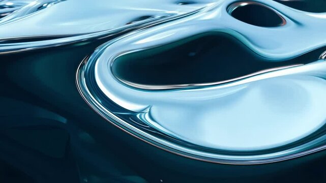 Liquid mercury flows, creating abstract shapes with captivating reflections and a dynamic, shiny metallic texture