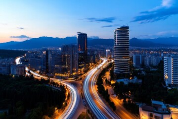 Fototapeta premium Futuristic skyline of Tirana, with digital light trails illuminating the city