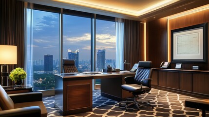 Fototapeta premium Modern office with city view and leather chair.