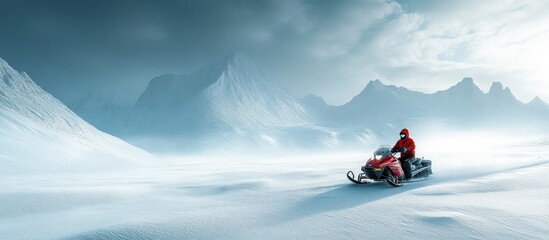 A single snowmobile rider drives across a snowy landscape with majestic mountains in the background.