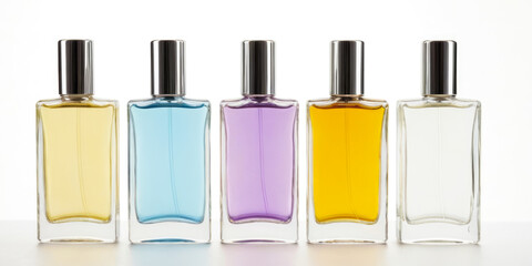 Beautiful Assortment of Vibrant Colorful Perfume Bottles Arranged on White Background