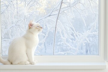 A Russian Blue cat gazing out through a frosty window at a serene winter landscape