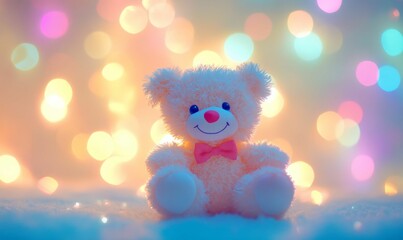 Fototapeta premium Smiling teddy bear on a fuzzy background with bokeh.