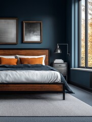 large bedroom, bed with black metal trim and wood, gray carpet, windows on side of the bed, books and lamp on nightstand, grayish blue wall. a men's bedroom.