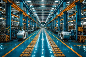Fototapeta premium Futuristic Industrial Warehouse Aisle With Steel Coils and Polished Floors
