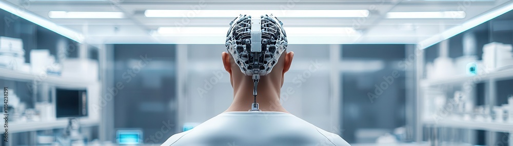 Poster a futuristic scene depicting a figure with a robotic brain in a high-tech lab setting, symbolizing a