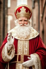 Obraz premium A festive Saint Nicholas in red robes waving warmly in a historic setting.