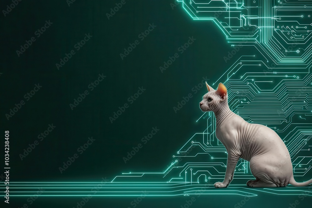 Poster a sleek cat sits against a dark background, adorned with futuristic circuit patterns, merging techno