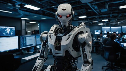 A military robot designed for combat, equipped with advanced armor and weaponry. Its imposing presence reflects strength, precision, and futuristic warfare