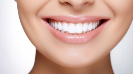 Obraz premium This close-up displays a female smile featuring pristine white teeth that highlight tooth whitening results and excellent dental care. The image captures the shine and detail of the smile