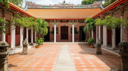 Fototapeta premium A temple courtyard with stone pillars and a tiled path.