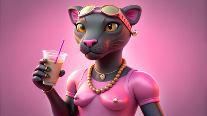 Stylish cartoon panther in pink outfit holding smoothie with vibrant background