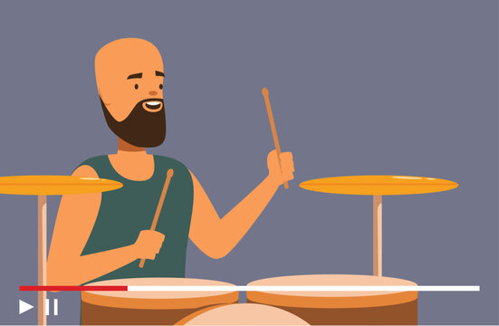 Smiling bearded drummer is playing the drums during an online lesson - Powered by Adobe