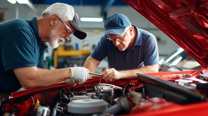 Two mechanics repairing a classic car in an automotive workshop during the afternoon with focused teamwork and tools at hand