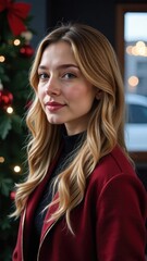 Obraz premium Calm woman with flowing blonde hair against soft Christmas light. Vertical format.