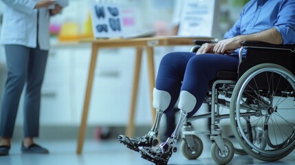 A healthcare professional is engaged in a conversation with a wheelchair user who has prosthetic legs in a well-lit medical facility, focusing on rehabilitation and mobility solutions.