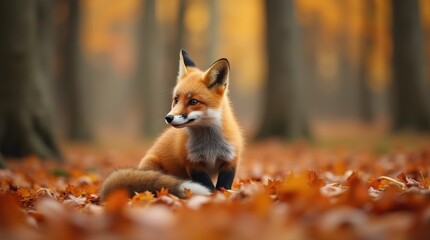 Naklejka premium A cute red fox (Vulpes vulpes) nestled in a beautiful autumn forest, surrounded by vibrant fall foliage.