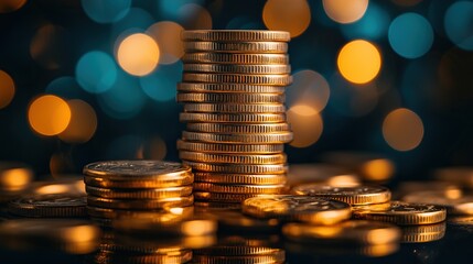 A close-up view of a stack of shiny gold coins against a dark background.