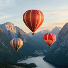 Obraz premium Colorful hot air balloons soaring above a serene mountain valley.