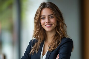 Smiling Confident Businesswoman with Crossed Arms and Long Hair