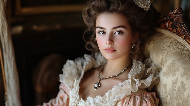 A stunning woman dressed in the fashion of the 1700s French royal court