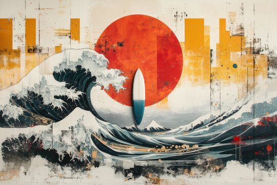 Painting of a surfboard in front of a red sun