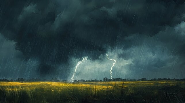 A thunderstorm rolling over a field, with dark clouds, lightning flashes, and rain pouring down