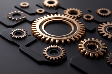 Minimalist art of gears interlocking, representing practical learning and problem-solving