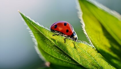 Fototapeta premium Macro photo of a ladybug on leaves in the garden