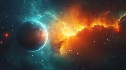 Colorful Cosmic Landscape with Planet and Nebula in a Vibrant Galaxy